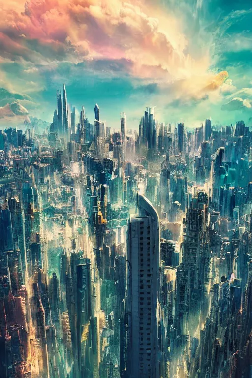 Prompt: city reflected in the sky, hyper real, 8k, colorful, 3D cinematic volumetric light, atmospheric light, studio ghibli inspired, fantasy LUT, high contrast, epic composition, sci-fi, dreamlike, surreal, angelic, by Moebius,
