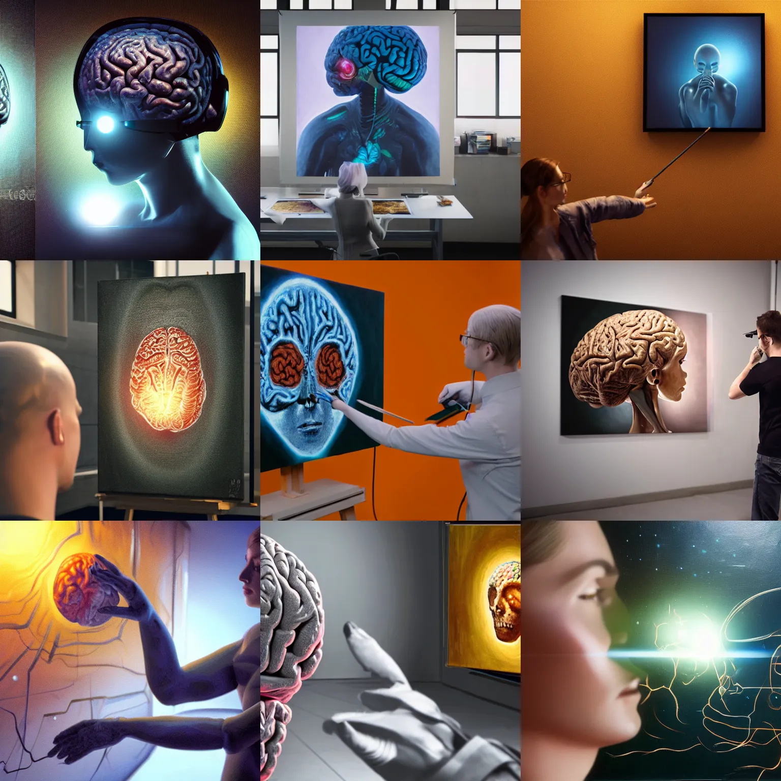 Prompt: photorealistic render of a sci - fi android making an oil painting of a human brain on a canvas in a high - tech artist studio, unreal engine, volumetric lighting, cinematic