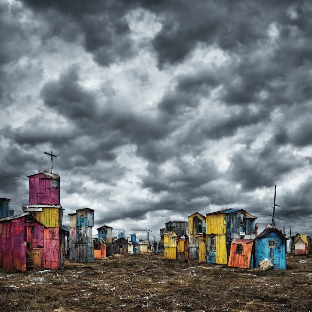 Prompt: close - up towers made up of colourful makeshift squatter shacks, bleached colours, dramatic cloudy sky, dystopia, mamiya, very detailed, ultra sharp, photographed by john chiara