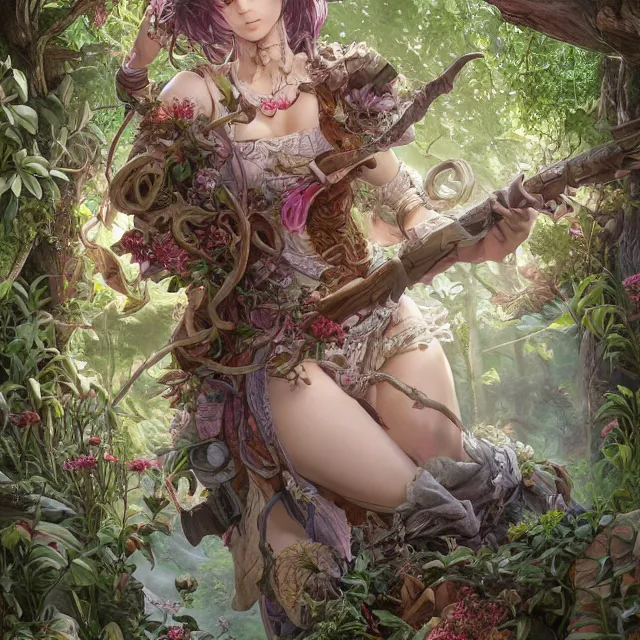 Image similar to the portrait of chaotic good female druid botanist as absurdly beautiful, gorgeous, elegant, young gravure idol, an ultrafine hyperdetailed illustration by kim jung gi, irakli nadar, intricate linework, sharp focus, bright colors, octopath traveler, final fantasy, unreal engine 5 highly rendered, global illumination, radiant light, detailed and intricate environment