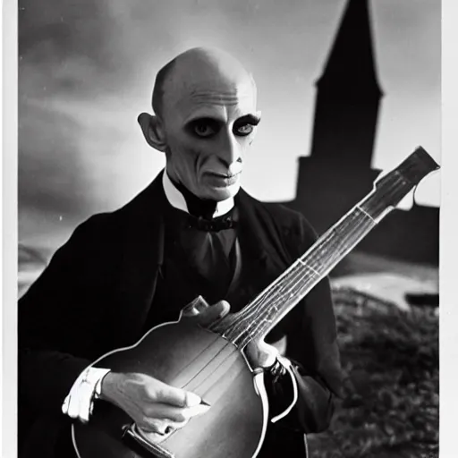 Image similar to vintage photograph of count orlok outside his castle, playing the blues on banjo, castle in the background, 4 k