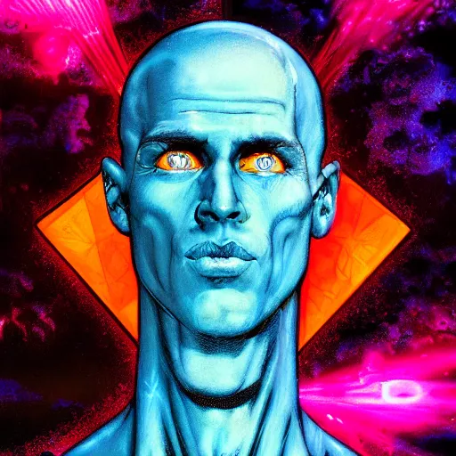 Prompt: razorpunk portrait of Dr. Manhattan disguised as the hexagonal hypercube portal jonas de ro jim mahfood luis royo maxfield parrish maximilian pirner wikiart wikipedia graffiti spraypaint unreal engine render artstation 4k