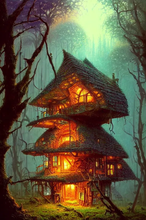 Prompt: a storybook style ramshackle multistory fairytale hut in the forest, by Bruce Pennington, intricate, elegant, fantasy, highly detailed, digital painting, concept art, sharp focus, artstation