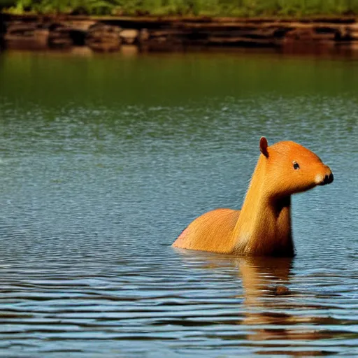 Prompt: candid photograph of a capybara swimming in a lake