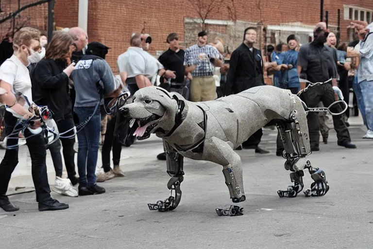 Prompt: terror dog, streamlined industrial robotic guard dog for security and crowd control, unfriendly, vicious, powerful, brutish