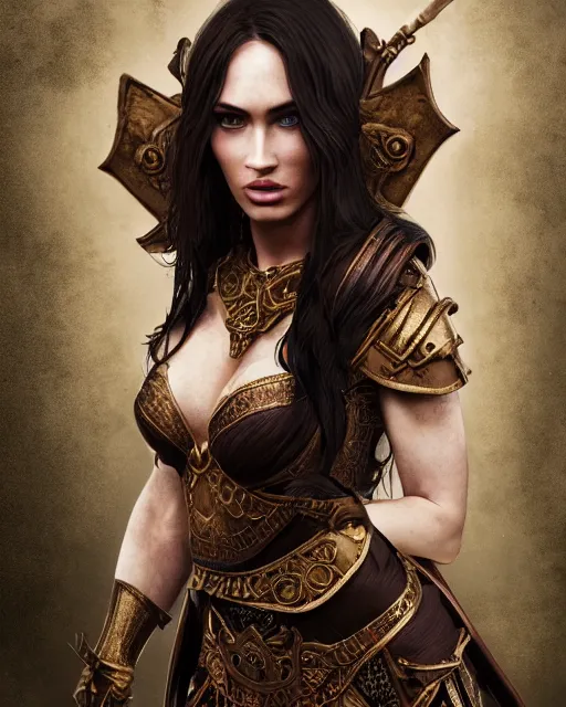 Prompt: photorealistic head and shoulders photo of beautiful victorian female ornate fantasy greek elf spartan warrior goddess, megan fox, wind blown hair, seductive, confident, Neil Blevins, Frank frazetta, arney freytag, Ritu Kumar, Sabyasachi Mukherjee, Annie Leibowitz, Magic the gathering,octane, bokeh, 8k, fashion pose, cinematic, 28mm
