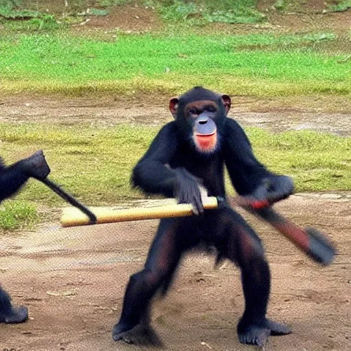 Prompt: chimpanzee fighting a tiger with a sledgehammer, phone recording,