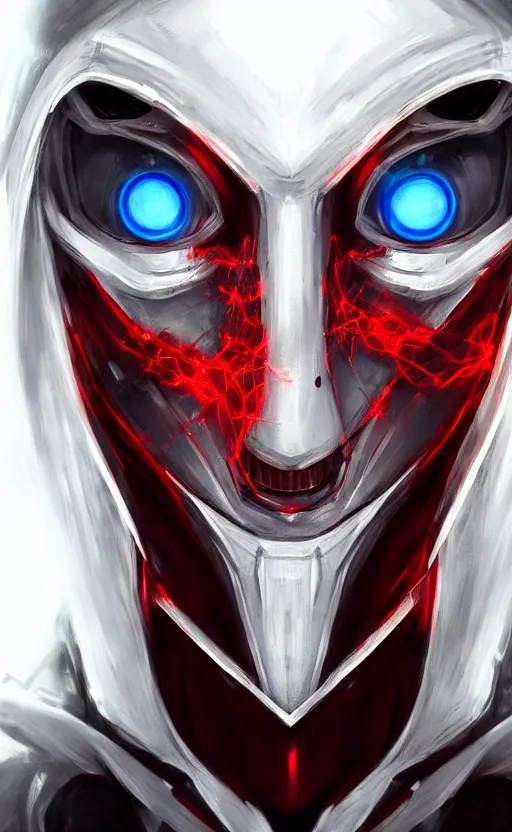 Image similar to face portrait of a robot in an all white hood and robe, with red glowing eyes, dynamic lighting, fantasy concept art, trending on art station, stunning visuals, creative, cinematic, ultra detailed