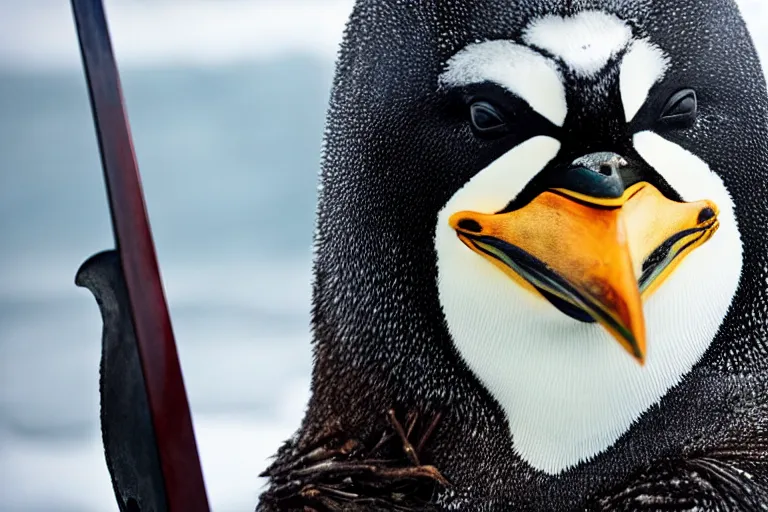 Image similar to movie scene closeup penguin wearing fishbone armor holding a katana sword in a lush arctic. by emmanuel lubezki