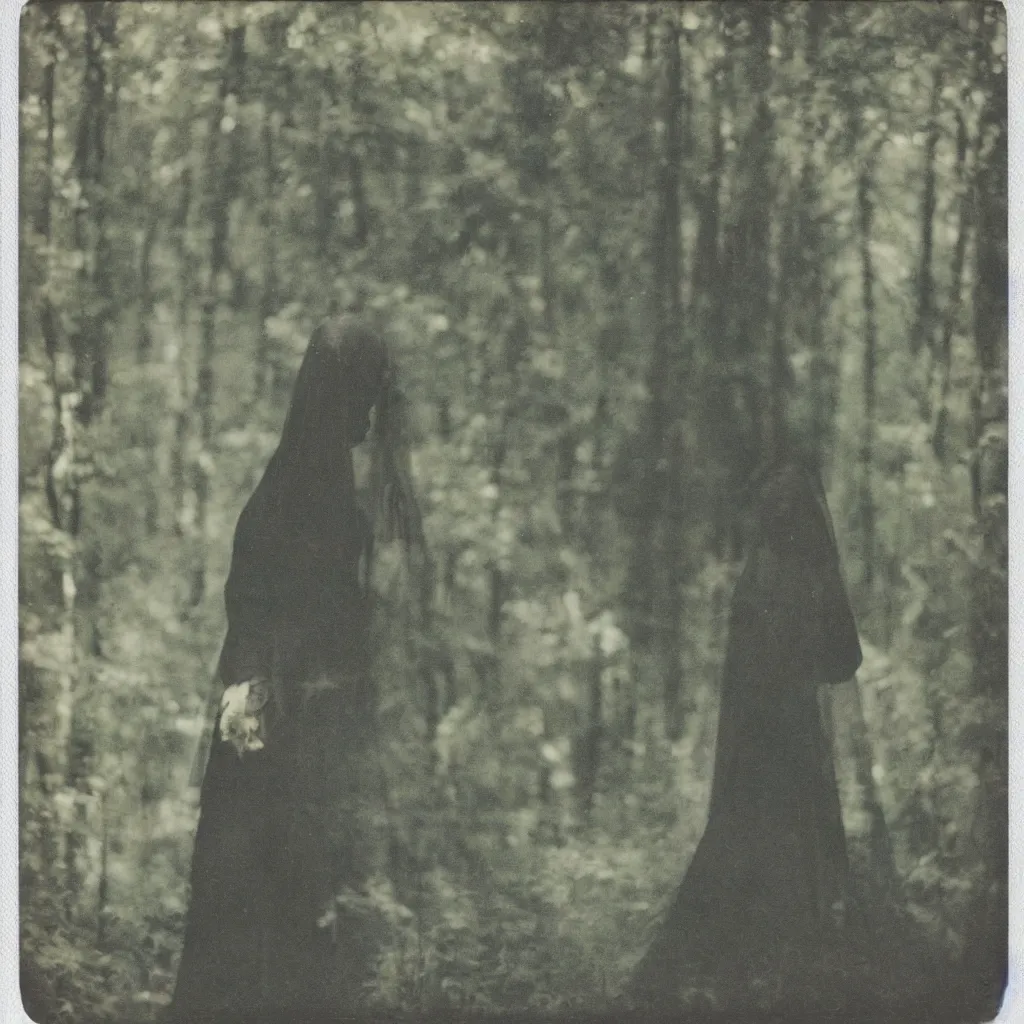 Prompt: polaroid vintage of a woman with black veil in the forest