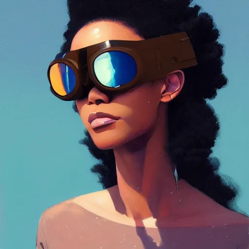 Image similar to Beautiful woman wearing opaque reflective goggles profile picture by Greg Rutkowski, brown skin, long afro hair, asymmetrical, futuristic, cool colors, streetwear, studio ghibli, Organic Painting , Matte Painting, geometric shapes, hard edges, street art, trending on the artstation, fantasy LUT, realistic by Sachin Teng,