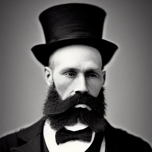 Image similar to A photograph portrait of Jerma985 in the mid-late 1800s with a top hat and beard, taken in the mid-late 1800s, grainy, taken on a Field View Camera, realistic, hyperrealistic, very realistic, highly detailed, very detailed, extremely detailed, detailed, digital art, trending on artstation