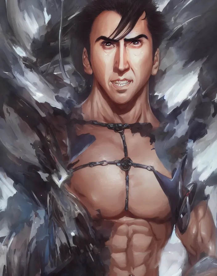 Image similar to anime portrait of nicolas cage as a muscular anime boy by Stanley Artgerm Lau, WLOP, Rossdraws, James Jean, Andrei Riabovitchev, Marc Simonetti, and Sakimichan, trending on artstation