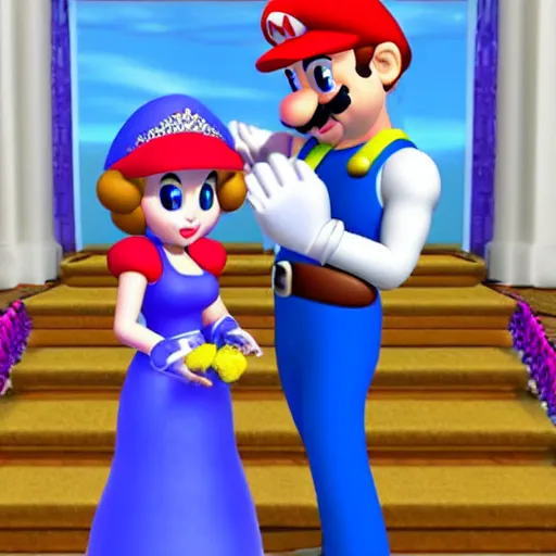 Prompt: “Mario proposing marriage to Princess Peach, he is very nervous and the ring he holds is sparkling”