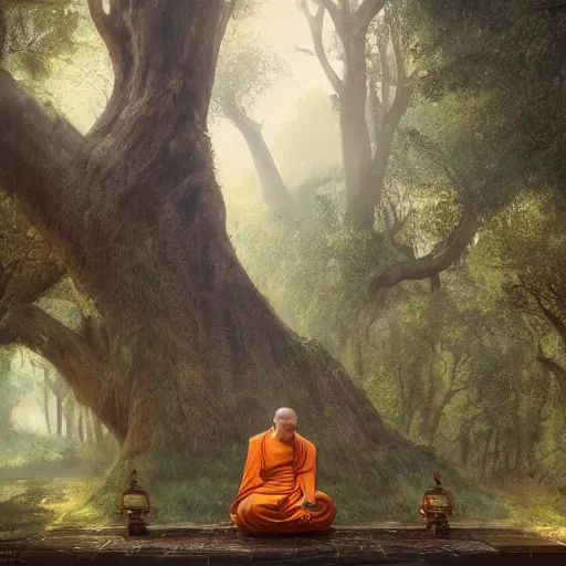 Image similar to ancient monk worshipping under the tree of wisdom, magical world, by greg rutkowski, sung choi, photo realistic, 8 k, cinematic lighting, hd, atmospheric, hyperdetailed, trending on artstation, devainart, digital painting, glow effect