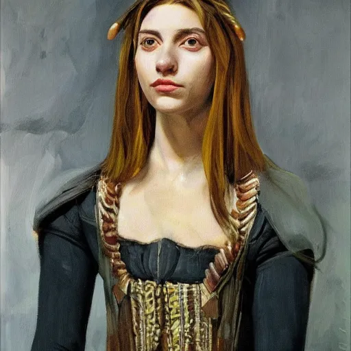 Image similar to high quality high detail portrait of a young gorgeous female warlock, fantasy, d & d, painting by lucian freud, hd