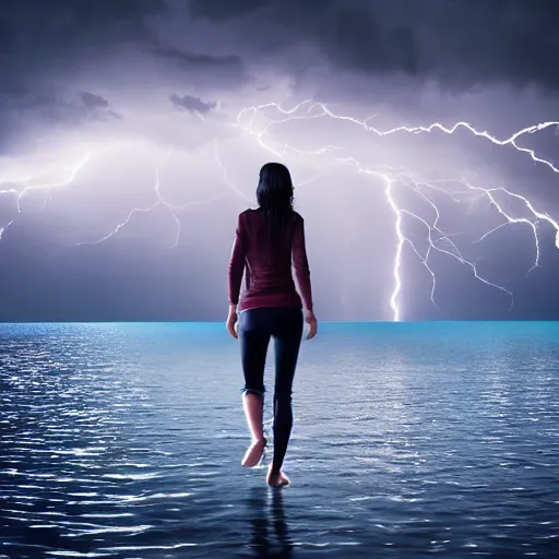 Image similar to girl walking on water, lightning, walking on water, scenic, dark cloudy background, lightning strikes, lightning bolts, shocking, 8k, artstation