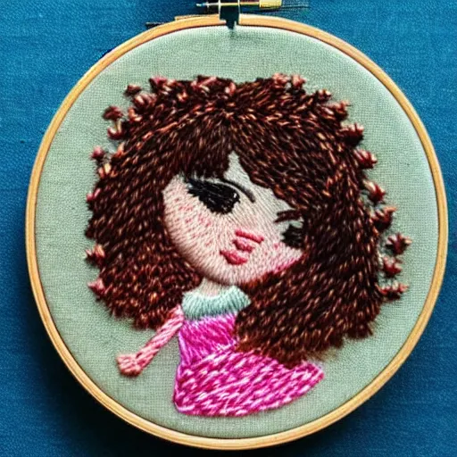 Image similar to a tiny beautiful handmade embroidery of a little girl with brown curly hair. hand embroidery.