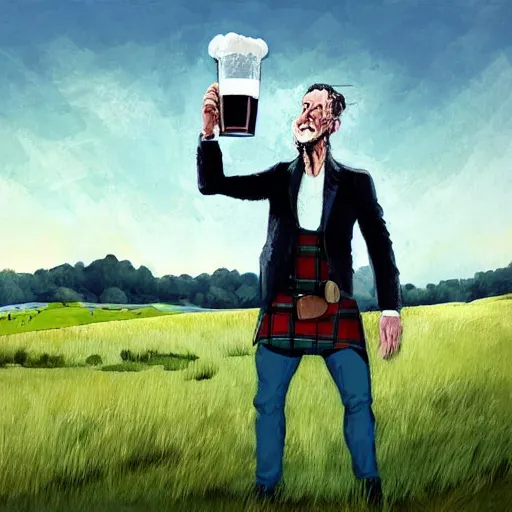 Image similar to a Scottish man holding a pint of beer in the middle of an empty field, In the back ground of the frame is a beautiful landscape., physically accurate, dynamic lighting, intricate, elegant, highly detailed, digital painting in the style of very very ralph steadman, sharp focus, illustration