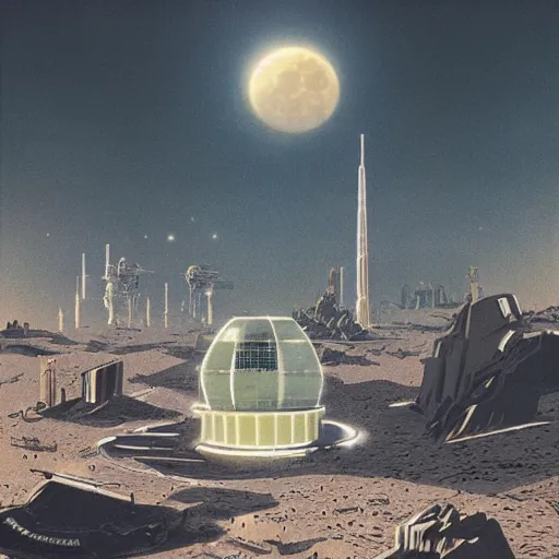 Prompt: future city, moon, lunar soil, russian city, by lehr paul, dan mcpharlin,