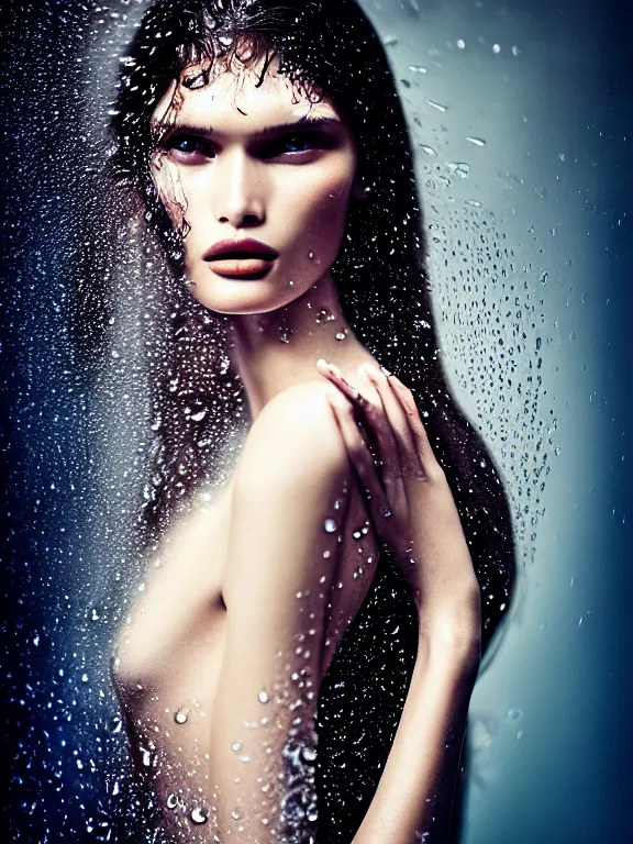 Image similar to fuji pro 4 0 0 h photo of a beautiful woman bianca balti style 3 / 4, hair surrounded by drops of water in style of zhang jingna, 5 0 mm lens, f 1. 2, elegant, highly detailed, sharp focus, head in focus, soft blur light, matt dreamy colours, volumetric lighting, hyper realistic, ultra detailed