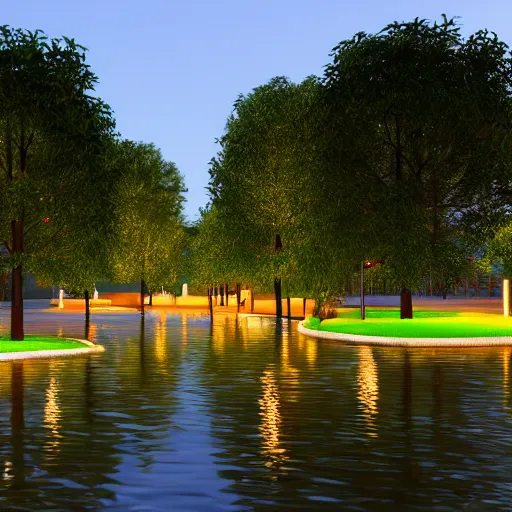 Prompt: park drowned in water with lots of lights at night, 8k, realistic, trending on artstation