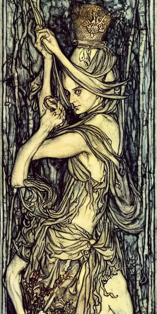 Image similar to tarot card detailed painting, illustration, tarot card framing with roman numbers, in style of Arthur Rackham