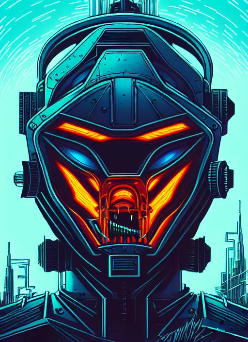 Image similar to a lion cyborg helmet by dan mumford, cyberpunk city abandoned, center frame singular high fantasy character concept art symmetrical features, digital painting, sharp focus, illustration