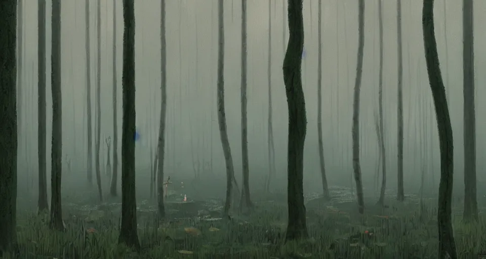 Image similar to An enchanted forest with a swamp, by simon stalenhag