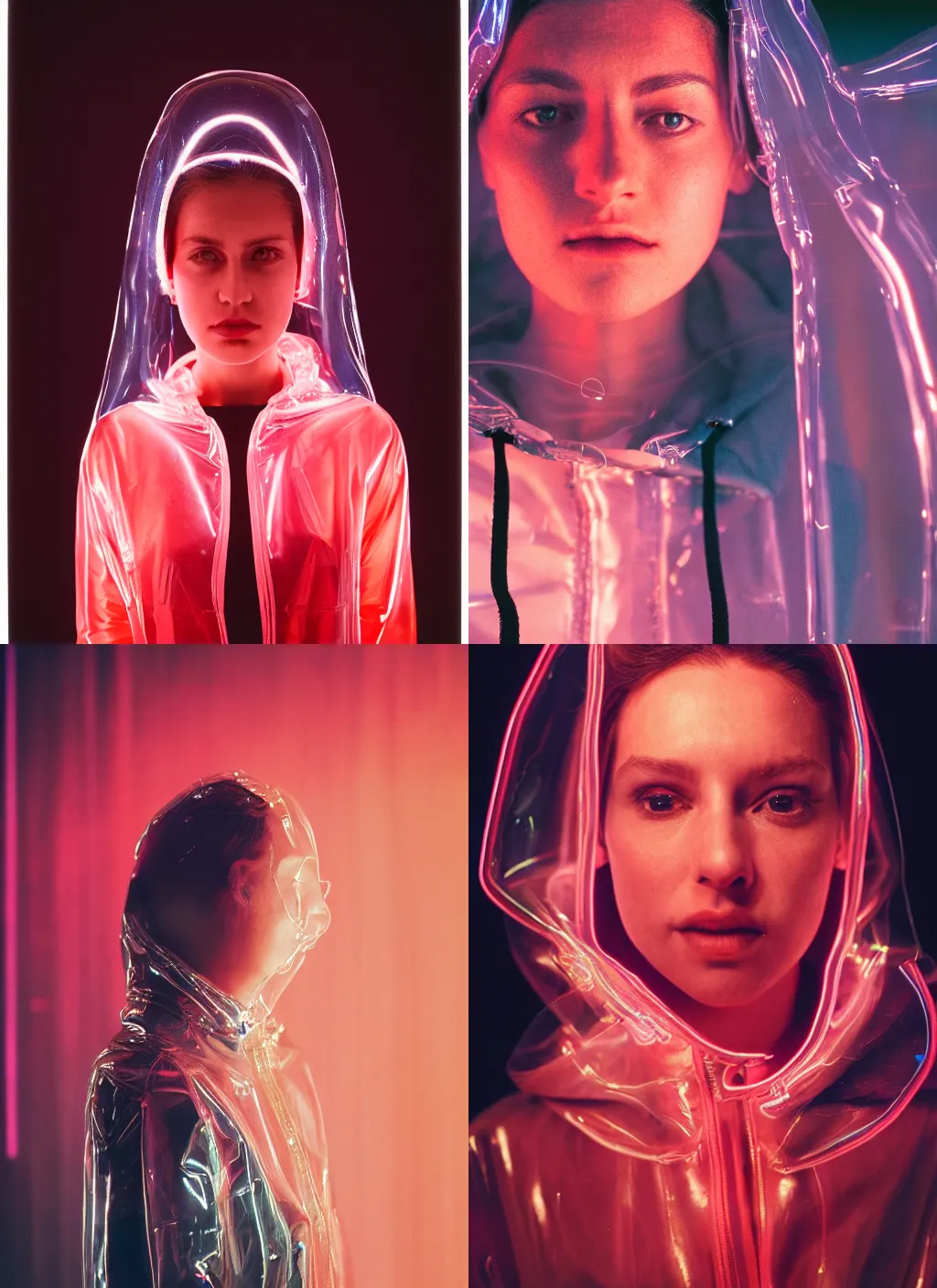 Prompt: A hyper realistic and detailed head portrait photography of a woman wearing a futuristic transparent raincoat with hoodie. by annie leibovitz. Neo noir style. Cinematic. Red neon lights and glow in the background. Cinestill 800T film. Lens flare.