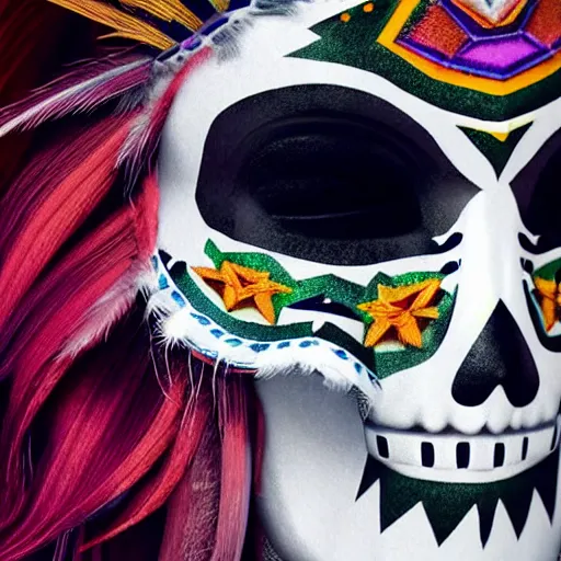 Prompt: zelda wearing dia de los muertos mask, with aztec feathered garments sigma 7 5 mm photo realism, ultra realistic, 8 k resolution, octane render, 3 d render, surreal