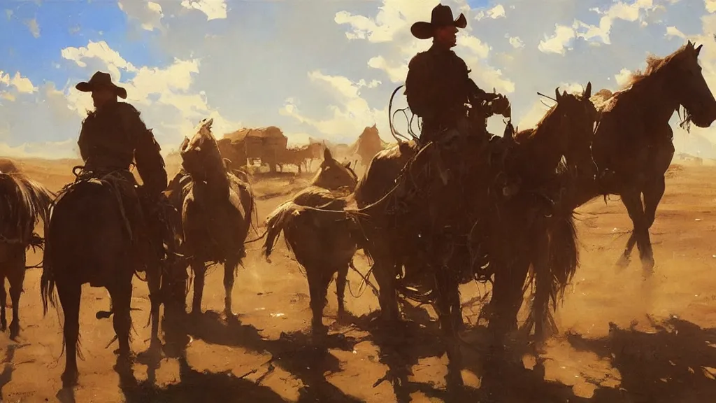 Image similar to oil painting of cowboy dream at saloon setting, art by anders zorn, wonderful masterpiece by greg rutkowski, beautiful cinematic light, american romanticism by greg manchess, reflections in copper, sunlight, dust and steam