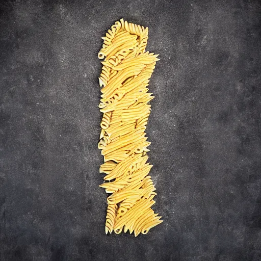 Image similar to long shot photograph of a human made of penne pasta carrying a glock-19, 4k, ultra HD