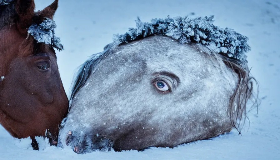 Image similar to 1 9 6 0 s movie still close up of marcus aurelius frozen to death under the snow, a horse frozen under the snow by the side of a river with gravel, pine forests, cinestill 8 0 0 t 3 5 mm, high quality, heavy grain, high detail, texture, dramatic light, anamorphic, hyperrealistic, detailed hair, foggy