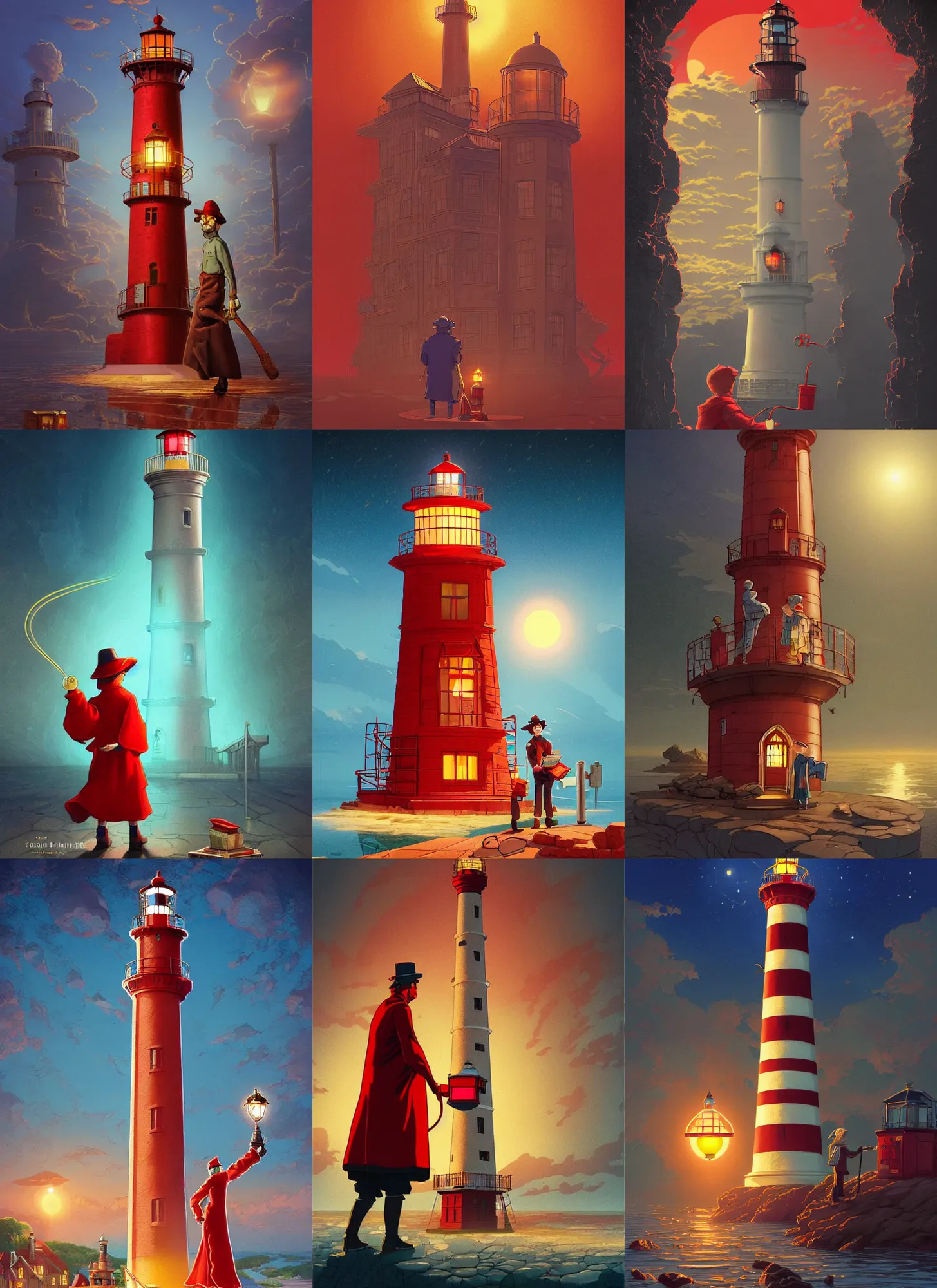 Prompt: terry pratchett's red librarian holding lighthouse toy, library interior background, travel poster artwork by michael whelan and tomer hanuka, high contrast, full of details, by makoto shinkai and thomas kinkade, matte painting, trending on artstation and unreal engine