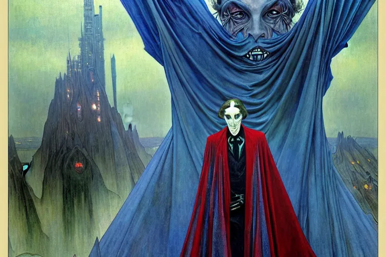 Image similar to realistic extremely detailed portrait painting of an elegantly creepy vampire man in a cape, futuristic sci-fi castle on background by Jean Delville, Amano, Yves Tanguy, Alphonse Mucha, Ernst Haeckel, Edward Robert Hughes, Roger Dean, rich moody colours, blue eyes