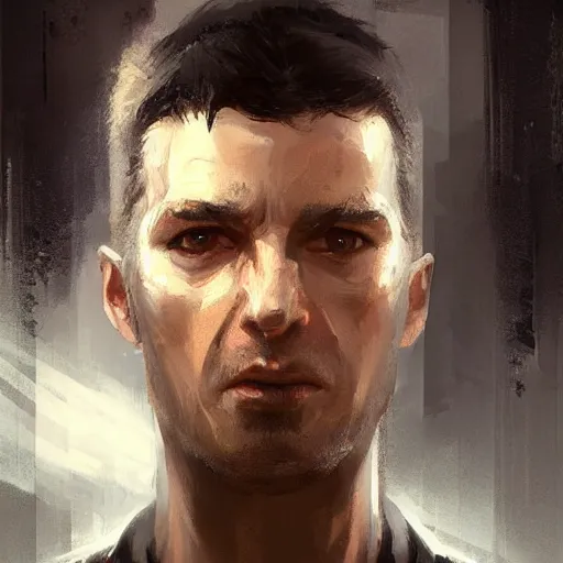 Image similar to portrait of a shocked man by greg rutkowski, he is about 3 0 years old, short black hair with bangs, scared and incredulous, very tall and slender, he is wearing futuristic space gear, highly detailed portrait, digital painting, artstation, concept art, smooth, sharp foccus ilustration, artstation hq