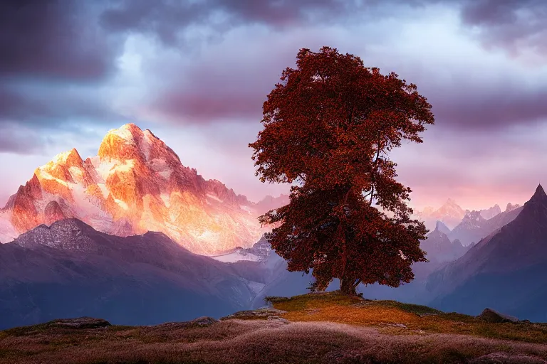 Image similar to landscape photography by marc adamus, mountaiins, a dramatic lighting, mountains, a tree in the foreground