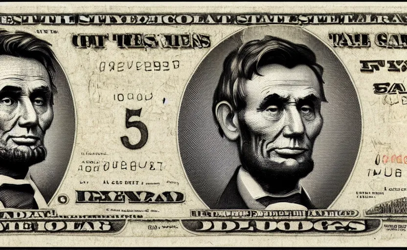 Prompt: rectangular photograph of five dollar u. s. currency note featuring lincoln