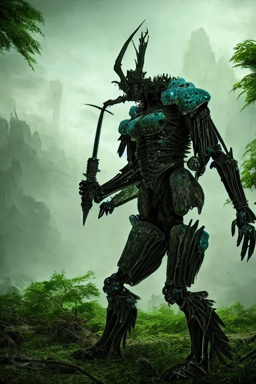 Prompt: neo - gothic giant muscular humanoid chimera, exoskeleton armor, holding katana, dystopian ruins covered in vegetation, highly detailed smooth concept art masterpiece, vitaly bulgarov giger dramatic dark teal light, ground angle hd 8 k, sharp focus