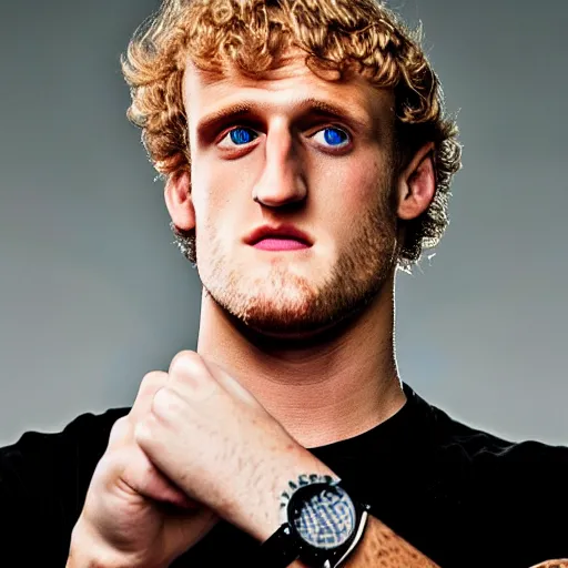 Prompt: a realistic detailed photo of boxer & youtuber logan paul, hypnotized by a watch, blank stare, shiny skin
