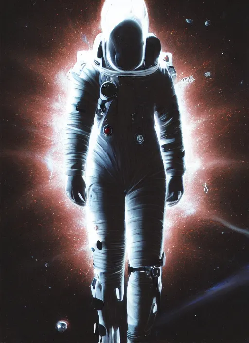 Image similar to astronaut in dark void underwater - complex and hyperdetailed technical suit design. reflection and dispersion materials. rays and dispersion of light. volumetric light. f / 3 2. noise film photo. flash photography. ultra realistic, 5 0 mm. poster by wayne barlowe, hajime sorayama aaron horkey, craig mullins