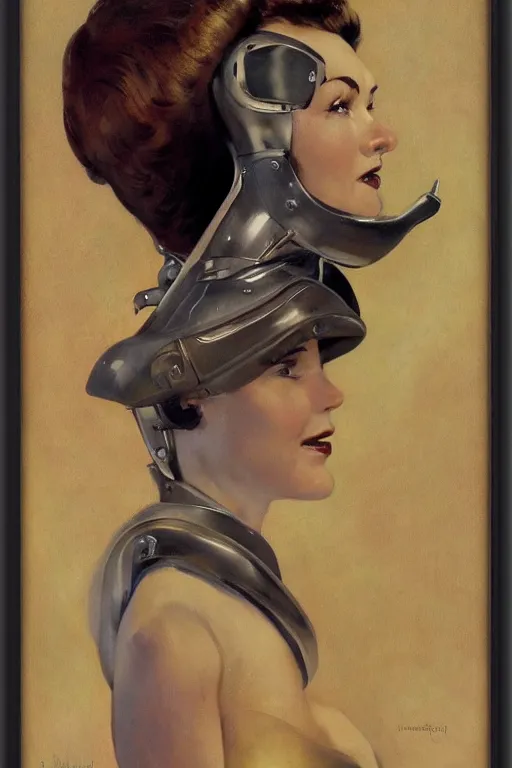 Prompt: 5 0 s pulp scifi fantasy head and shoulders portrait striking elegant mature woman in leather spacesuit by norman rockwell, roberto ferri, daniel gerhartz, edd cartier, jack kirby, howard v brown, ruan jia, tom lovell, frank r paul, jacob collins, dean cornwell, astounding stories, amazing, fantasy, other worlds