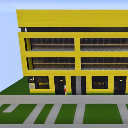 Image similar to empty 9 0 s office building with no windows doors or furniture in minecraft, the building has brown carpet and yellow wallpaper