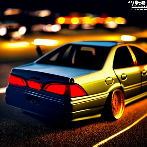 Image similar to a car JZX100 at illegal car meet, Chiba prefecture, city golden-hour mist lights, photorealistic, highly detailed, 85MM