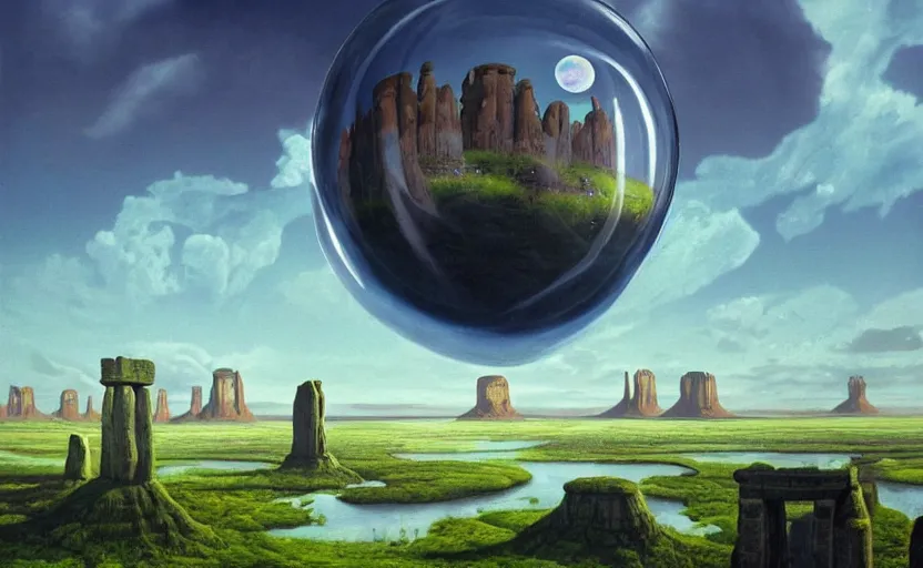 Prompt: a scary hyperrealist painting of a sucubus in a giant transparent bubble from howl's moving castle ( 2 0 0 4 ) in a flooded monument valley stonehenge jungle. depth perception, 4 k, artstation, in the style of studio ghibli