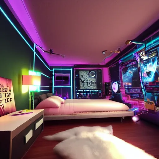 Image similar to a girl's cozy cyber punk bedroom