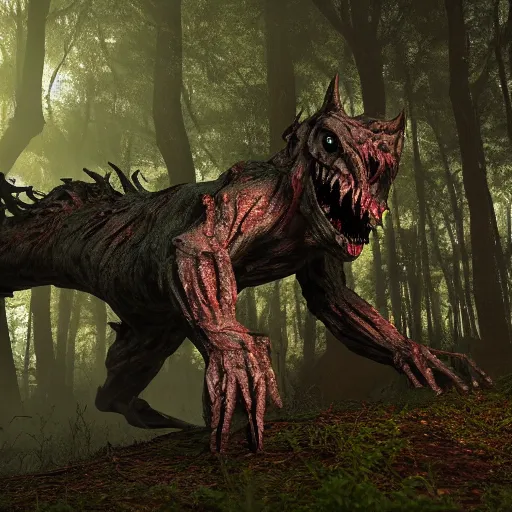 Image similar to photorealistic terrifying fantasy monster lurking in the woods, dynamic lighting, hyper realistic, 8K, realism