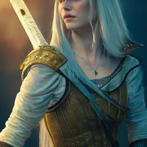Image similar to witcher princess, posing heroically, heavenly, full body close-up shot, elegant, realistic character concept, high fantasy, light atmosphere, golden ratio, cinematic lighting, hyperdetailed, high resolution, insanely detailed and intricate, artstation, Marc Simonetti, Greg Rutkowski, octane render, 8k