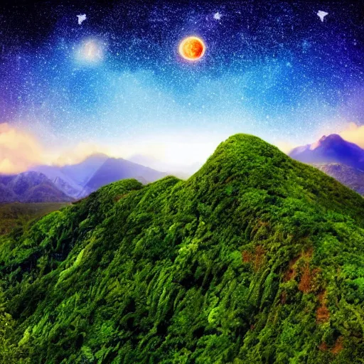 Image similar to the most beautiful and lush landscape in the universe, colorful mountains and green hills, planets in the sky and shooting stars, realistic lighting